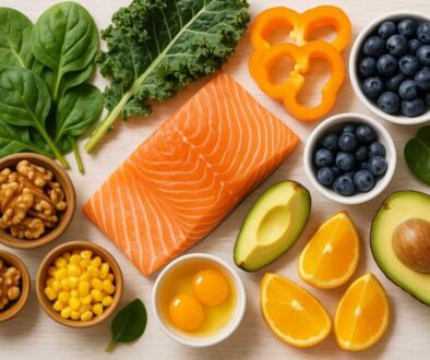 Colorful array of eye-healthy foods including salmon, leafy greens, orange bell peppers, blueberries, walnuts, and avocado arranged on white background - foods rich in omega-3s, lutein, zeaxanthin, and antioxidants for vision health