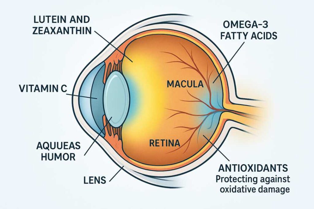 Anatomical cross-section of human eye showing where eye health nutrients work - lutein and zeaxanthin in macula, omega-3s in retina, vitamin C in aqueous humor, and antioxidant protection throughout eye structures