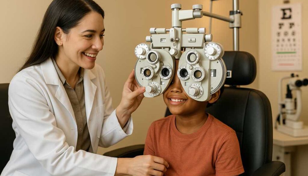 Pediatric optometrist conducting comprehensive eye exam on school-age child in modern eye care office