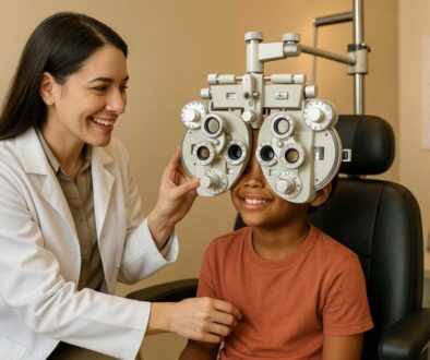 Pediatric optometrist conducting comprehensive eye exam on school-age child in modern eye care office
