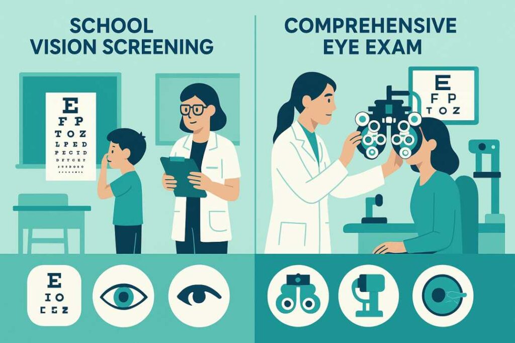 Infographic comparing limited school vision screening tests versus comprehensive eye exam procedures and equipment