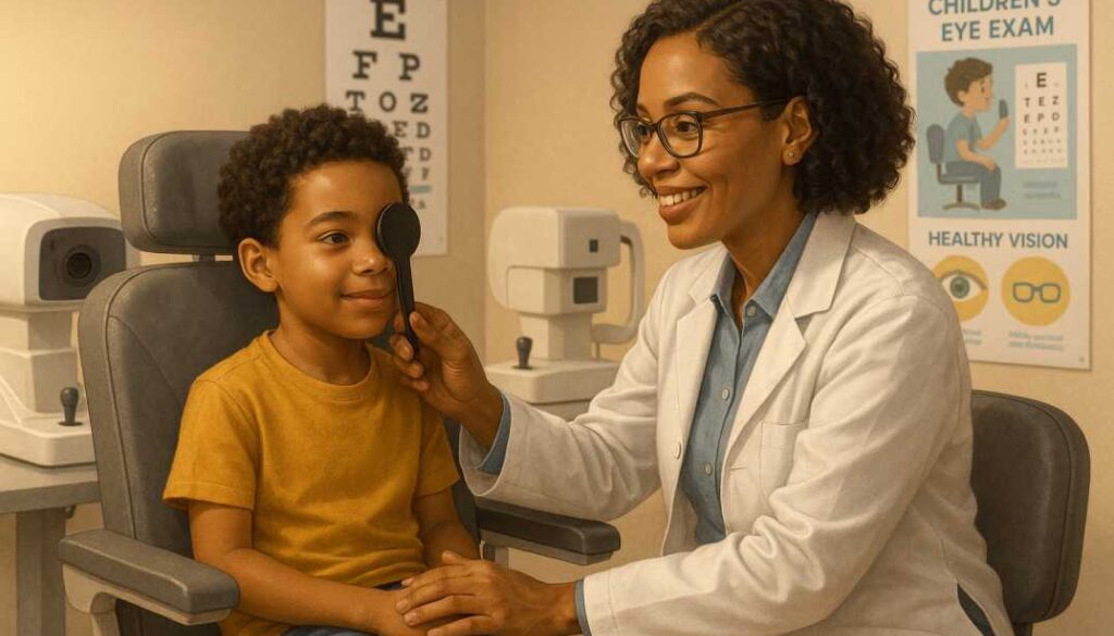 Child receiving comprehensive eye examination from pediatric optometrist to detect early signs of myopia.