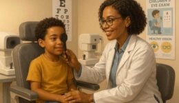 Child receiving comprehensive eye examination from pediatric optometrist to detect early signs of myopia.