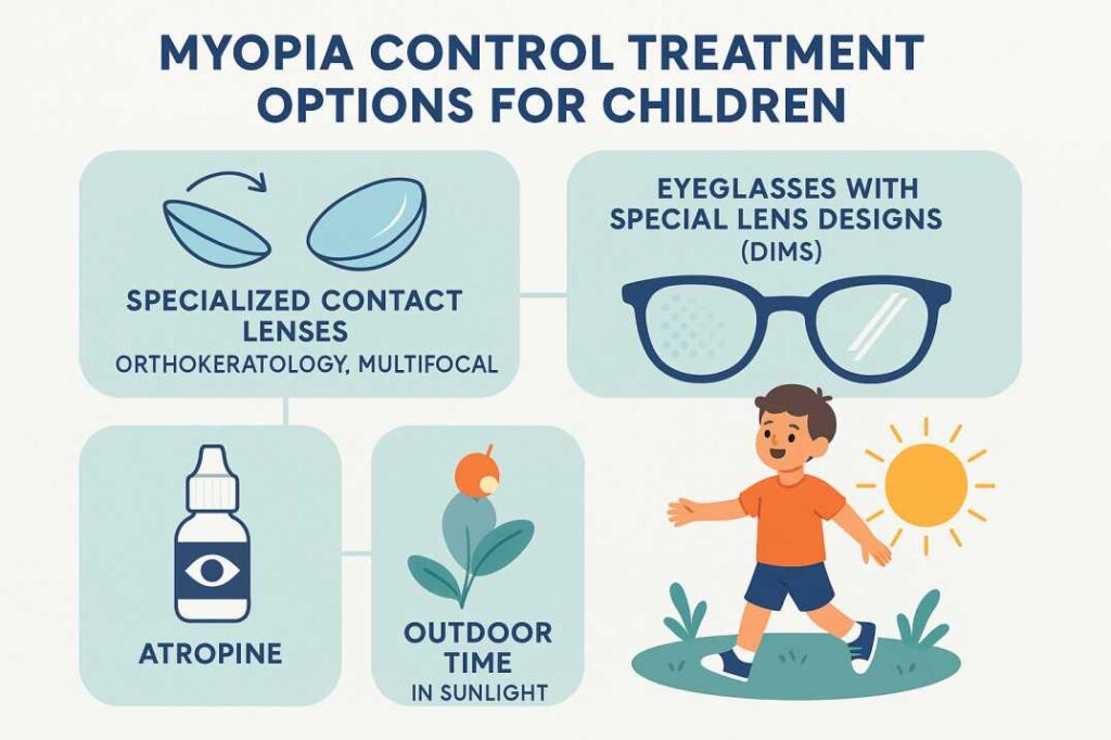 Comprehensive myopia control treatment options for children including specialized contact lenses, glasses, atropine drops, and outdoor activity