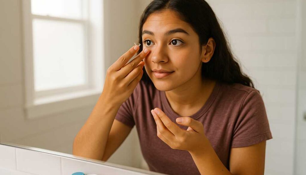 Confident teenage girl safely inserting contact lens in bathroom mirror demonstrating proper hygiene and technique