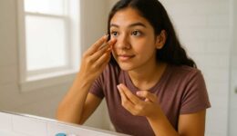 Safe Contact Lens Application for Teenagers - Proper Hygiene Techniques Confident teenage girl safely inserting contact lens in bathroom mirror demonstrating proper hygiene and technique