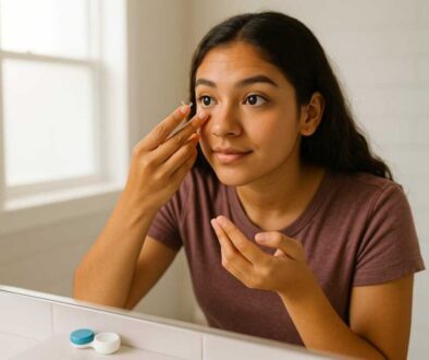 Confident teenage girl safely inserting contact lens in bathroom mirror demonstrating proper hygiene and technique