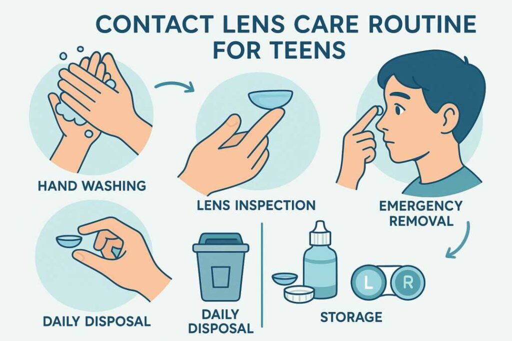Step-by-step contact lens care routine infographic showing proper hygiene and safety practices for teenagers