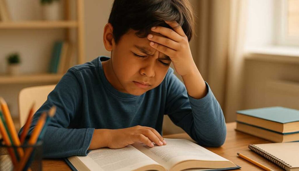 Elementary school child struggling with reading homework showing signs of vision problems affecting learning and academic performance