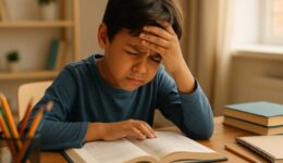 Child with Undiagnosed Vision Problems Struggling with Schoolwork and Reading Elementary school child struggling with reading homework showing signs of vision problems affecting learning and academic performance