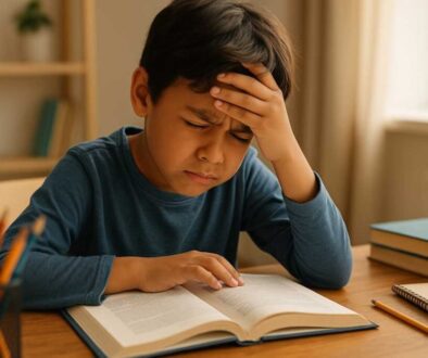 Elementary school child struggling with reading homework showing signs of vision problems affecting learning and academic performance