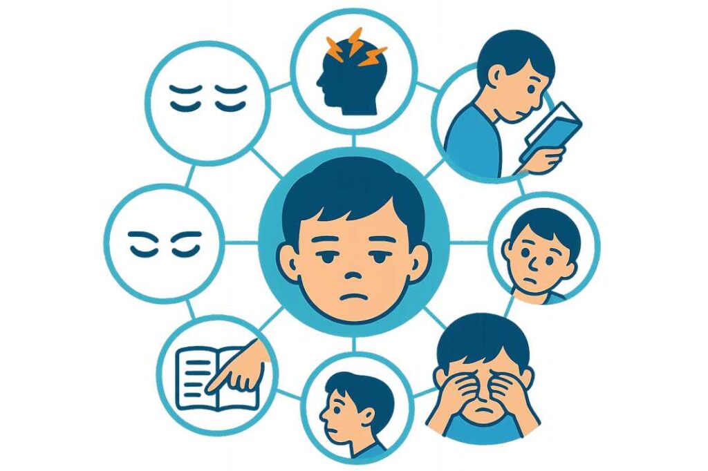 Infographic showing 11 warning signs of vision problems in children including headaches, squinting, losing place while reading, and homework avoidance