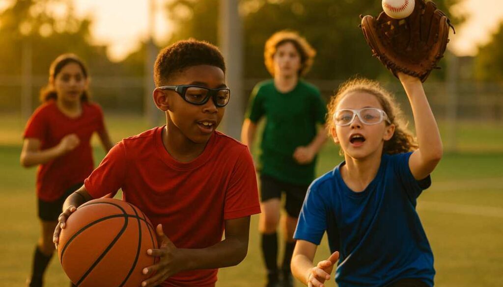 Young athletes wearing protective sports goggles while playing basketball, baseball, and soccer, demonstrating proper eye safety equipment for youth sports