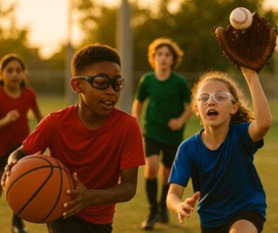 Young athletes wearing protective sports goggles while playing basketball, baseball, and soccer, demonstrating proper eye safety equipment for youth sports