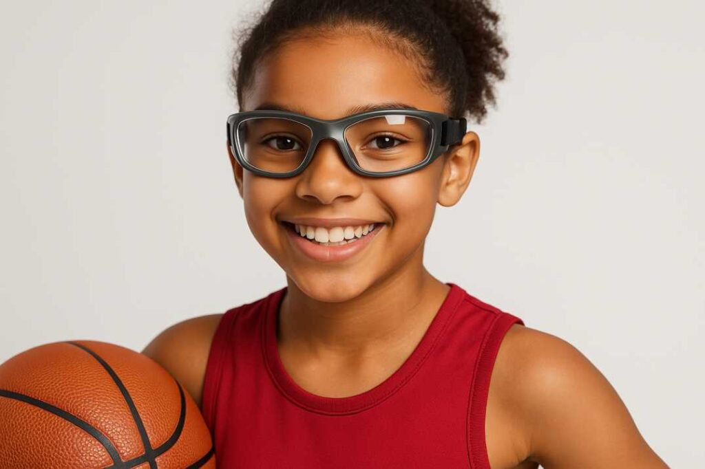 A close-up, educational-style photograph showing a young athlete (age 10-12) wearing modern, stylish ASTM-certified protective sports goggles while holding a basketball. The child should be smiling confidently, looking directly at the camera. Professional studio lighting with a clean, simple background (light gray or white). The sports goggles should be clearly visible, modern-looking (not the old "nerdy" style), and comfortable-appearing. The image should emphasize both safety and style, showing that protective eyewear can look good. Include clear detail of the polycarbonate lenses and secure strap. Diverse representation - consider a girl or boy of any ethnicity. Professional product photography meets lifestyle photography style.