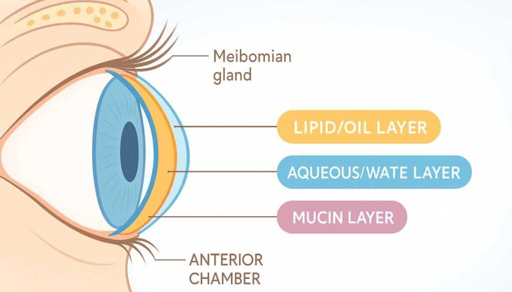 Medical diagram showing the three layers of tear film on the eye surface: outer lipid layer, middle aqueous layer, and inner mucin layer, illustrating how dry eye disease occurs when these layers are disrupted
