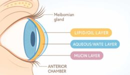 Understanding Tear Film Structure in Dry Eye Disease | West Broward Eyecare Medical diagram showing the three layers of tear film on the eye surface: outer lipid layer, middle aqueous layer, and inner mucin layer, illustrating how dry eye disease occurs when these layers are disrupted