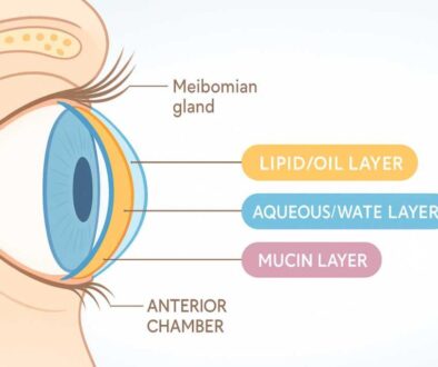 Medical diagram showing the three layers of tear film on the eye surface: outer lipid layer, middle aqueous layer, and inner mucin layer, illustrating how dry eye disease occurs when these layers are disrupted