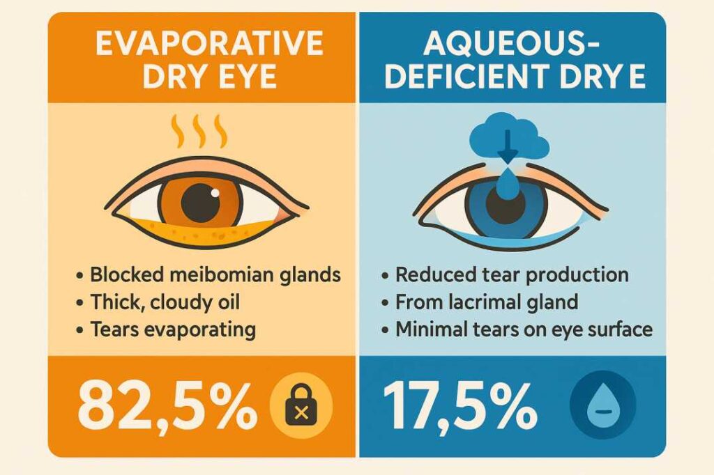 Comparison infographic showing two types of dry eye disease: evaporative dry eye caused by blocked meibomian glands affecting 82.5% of cases, and aqueous-deficient dry eye caused by reduced tear production