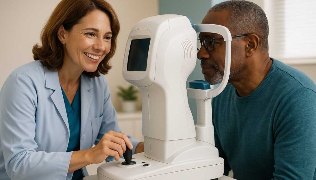 Optometrist performing comprehensive glaucoma screening using OCT imaging technology at West Broward Eyecare Associates in Tamarac, FL