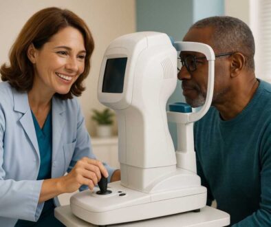 Optometrist performing comprehensive glaucoma screening using OCT imaging technology at West Broward Eyecare Associates in Tamarac, FL