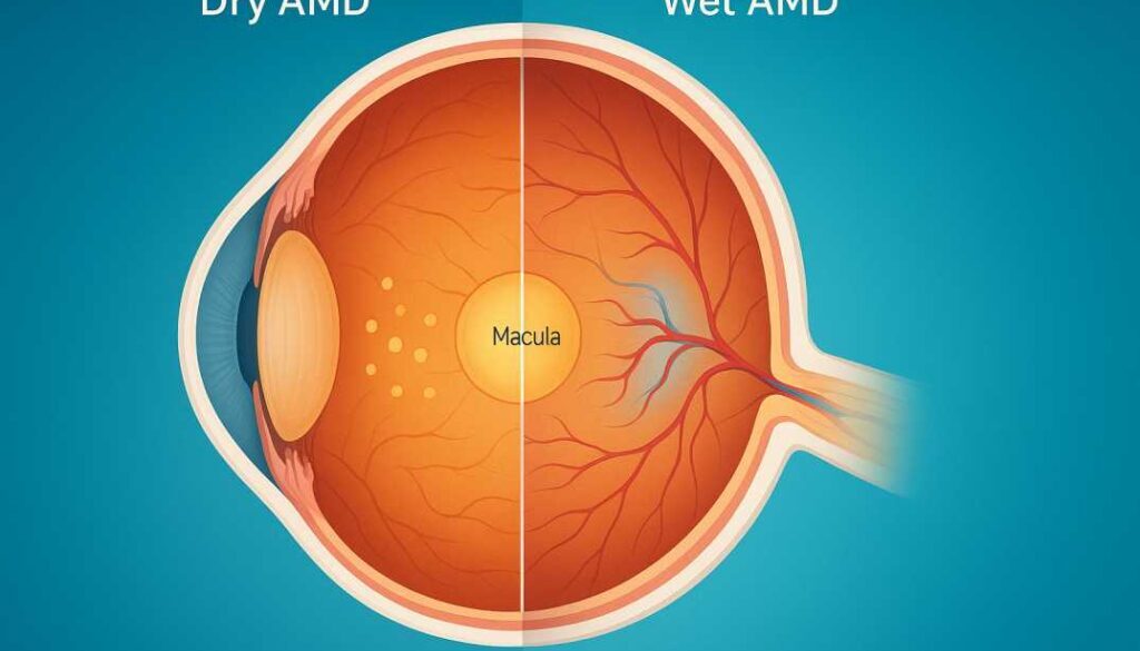 Wet vs dry macular degeneration comparison showing drusen deposits and abnormal blood vessels in the eye