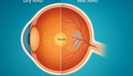 Macular Degeneration Types: Wet AMD vs Dry AMD Diagram Wet vs dry macular degeneration comparison showing drusen deposits and abnormal blood vessels in the eye
