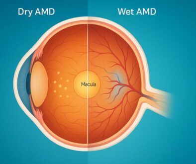Wet vs dry macular degeneration comparison showing drusen deposits and abnormal blood vessels in the eye