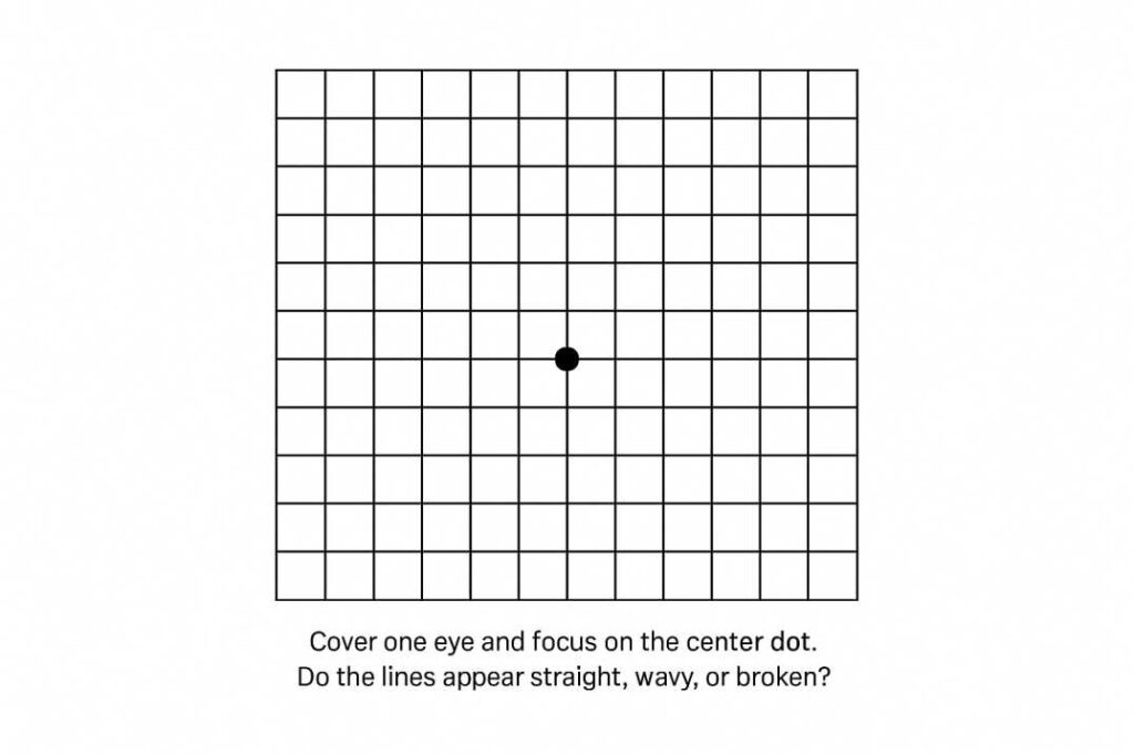 Amsler grid test chart for detecting macular degeneration with center dot and straight lines for home vision monitoring
