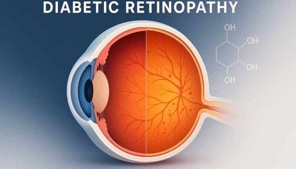 Anatomical illustration comparing healthy retina to diabetic retinopathy showing damaged blood vessels and microaneurysms