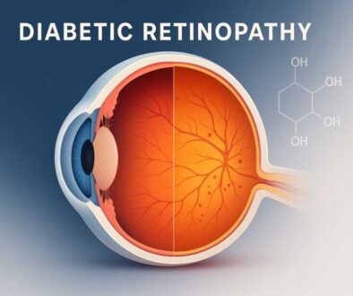 Anatomical illustration comparing healthy retina to diabetic retinopathy showing damaged blood vessels and microaneurysms