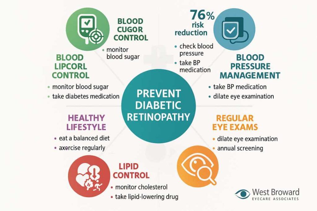 Infographic showing five key diabetic retinopathy prevention strategies including blood sugar control and regular eye exams