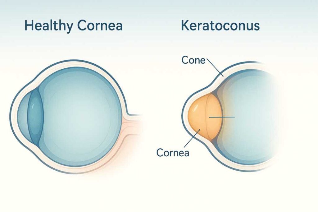 Medical illustration comparing normal healthy cornea to keratoconus-affected cornea showing characteristic cone-shaped bulging and corneal thinning
