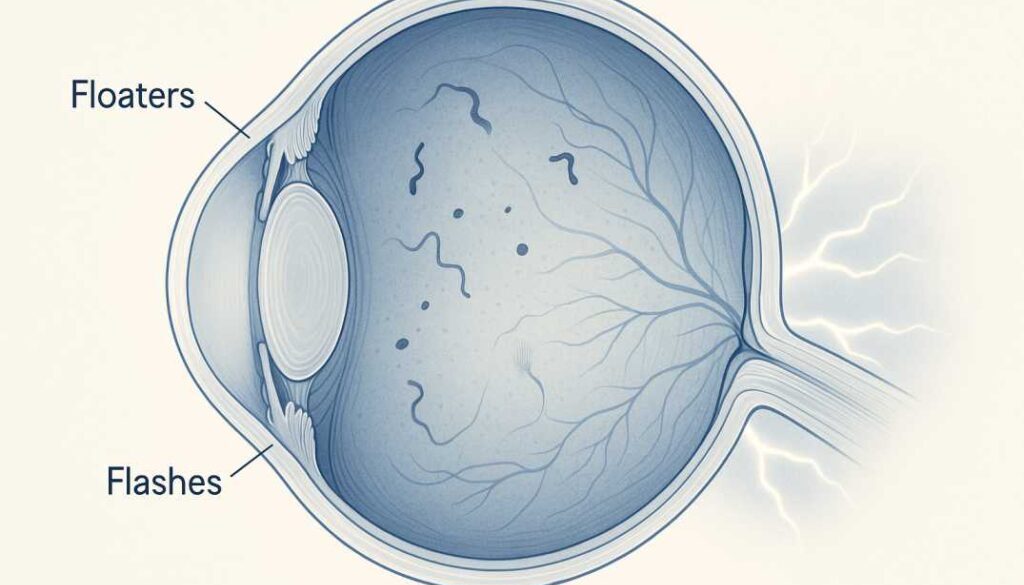 Medical illustration showing eye floaters and flashes inside the vitreous humor with retina visible, demonstrating when these symptoms require immediate attention