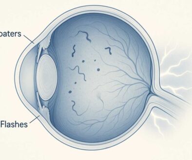 Understanding Floaters and Flashes: Anatomical View of Eye Symptoms | West Broward Eyecare Associates Medical illustration showing eye floaters and flashes inside the vitreous humor with retina visible, demonstrating when these symptoms require immediate attention