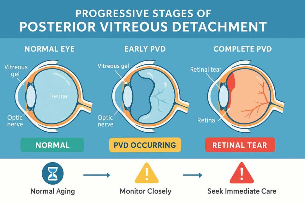 Infographic showing three stages of posterior vitreous detachment from normal eye to retinal tear requiring emergency care in Tamarac Florida