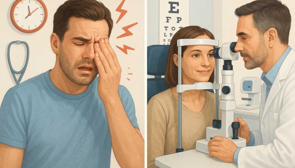 Comparison image showing eye emergency assessment vs routine eye care - patient experiencing eye emergency on left, routine eye examination on right at West Broward Eyecare Associates