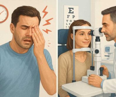 Eye Emergency vs Routine Care Assessment Guide - When to Seek Immediate Eye Treatment Comparison image showing eye emergency assessment vs routine eye care - patient experiencing eye emergency on left, routine eye examination on right at West Broward Eyecare Associates