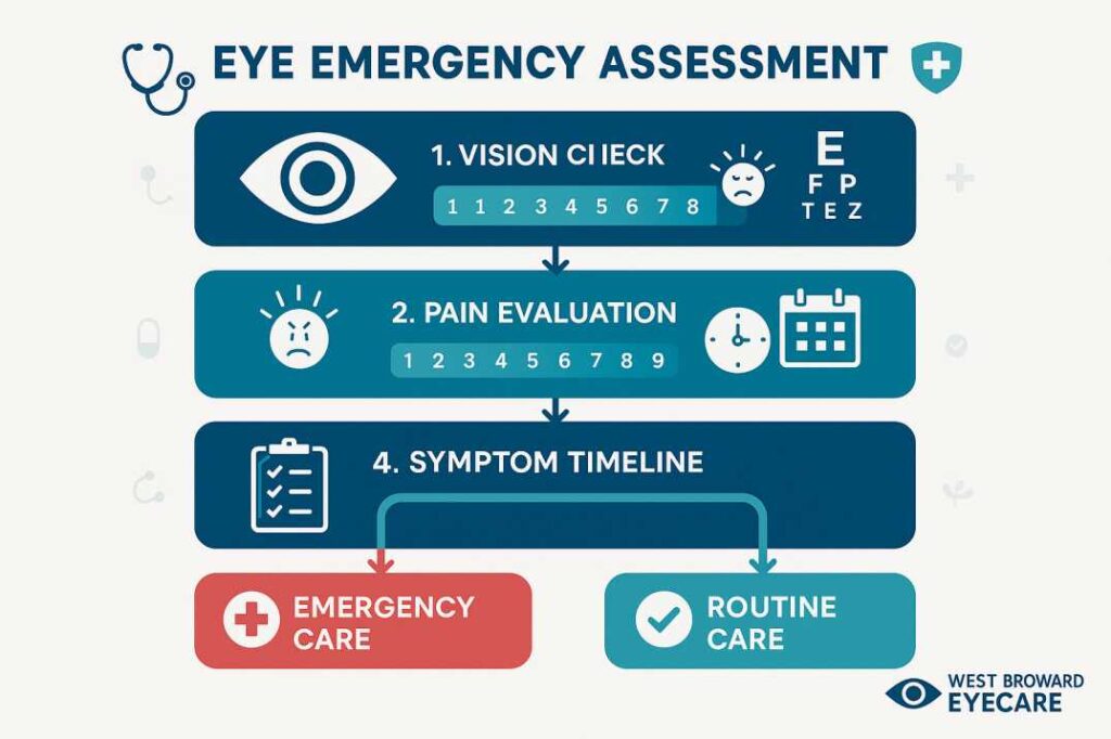Step-by-step emergency eye assessment flowchart showing when to seek immediate vs routine eye care - 4-step decision process for patients
