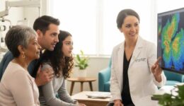 Expert Keratoconus Diagnosis and Family-Centered Eye Care | West Broward Eyecare Associates Tamarac Eye doctor explaining keratoconus corneal topography results to teenage patient and parent at West Broward Eyecare Associates using advanced diagnostic technology