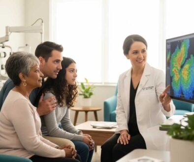 Eye doctor explaining keratoconus corneal topography results to teenage patient and parent at West Broward Eyecare Associates using advanced diagnostic technology