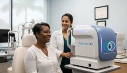 Advanced Ocular Hypertension Screening Technology - West Broward Eyecare Tamarac African American patient receiving comfortable, dilation-free retinal exam using advanced Optomap technology for ocular hypertension screening at West Broward Eyecare Associates in Tamarac, FL