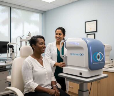 Advanced Ocular Hypertension Screening Technology - West Broward Eyecare Tamarac African American patient receiving comfortable, dilation-free retinal exam using advanced Optomap technology for ocular hypertension screening at West Broward Eyecare Associates in Tamarac, FL