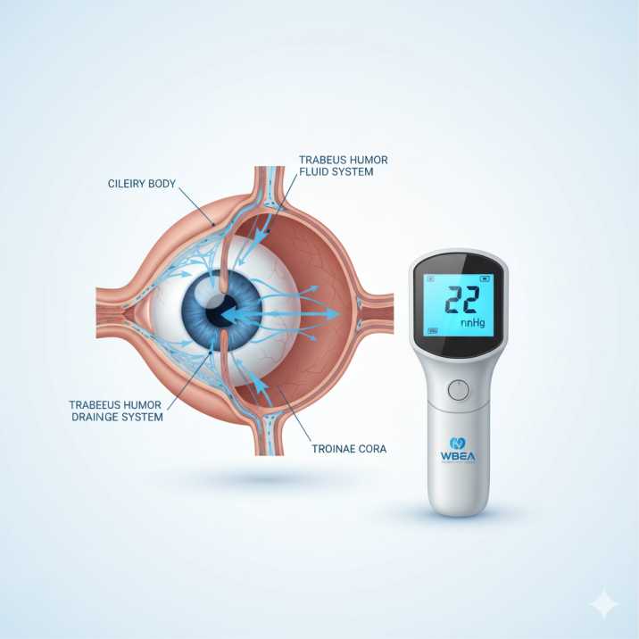 Cross-section diagram of human eye showing aqueous humor flow and elevated intraocular pressure measurement of 22 mmHg on digital tonometer, illustrating ocular hypertension detection at West Broward Eyecare Associates