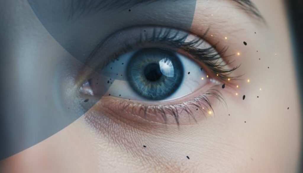 Sudden Vision Loss Symptoms and Warning Signs - Emergency Eye Care Close-up medical illustration of human eye showing symptoms of sudden vision loss including curtain-like shadow, floaters, and peripheral flashes - representing emergency eye conditions requiring immediate care