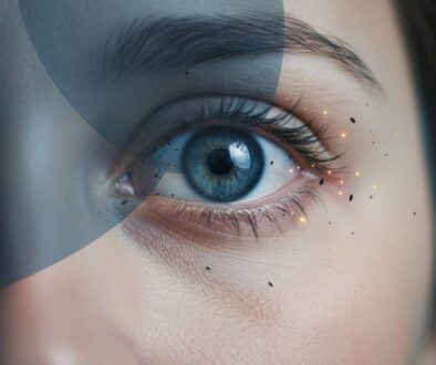 Close-up medical illustration of human eye showing symptoms of sudden vision loss including curtain-like shadow, floaters, and peripheral flashes - representing emergency eye conditions requiring immediate care