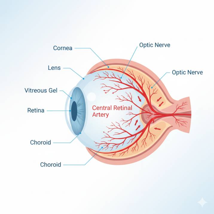 Medical diagram showing cross-section of human eye anatomy with labeled retina, central retinal artery, optic nerve, and blood flow pathway - illustrating how retinal detachment and artery occlusion affect vision