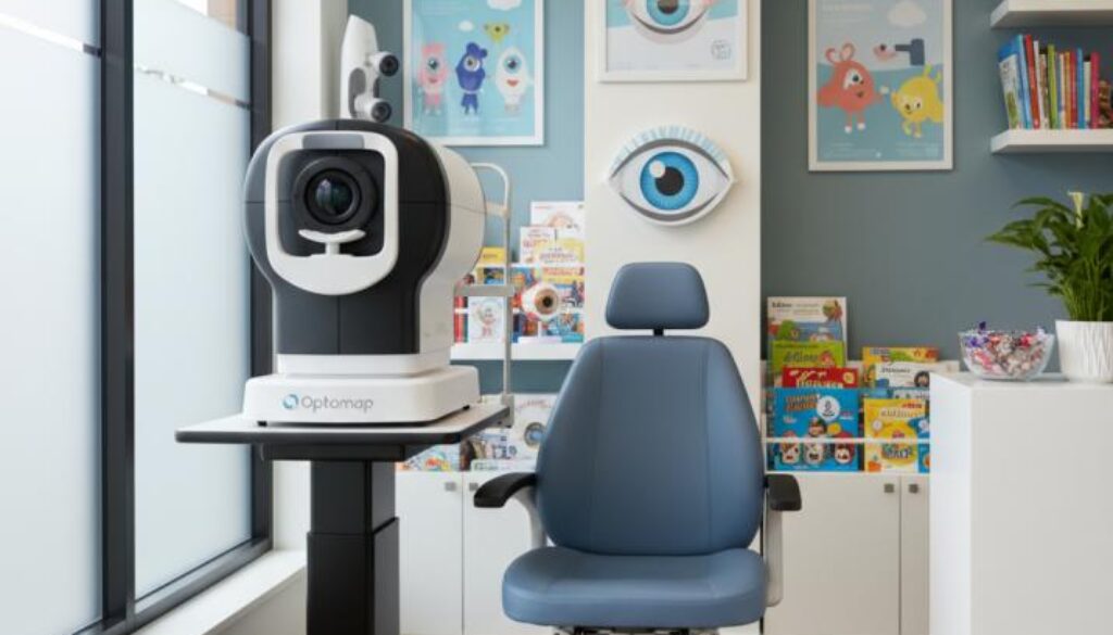Modern Optomap retinal imaging device in professional eye care office showing advanced ultra-widefield retinal scanning technology without dilation