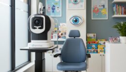 Modern Optomap retinal imaging device in professional eye care office showing advanced ultra-widefield retinal scanning technology without dilation