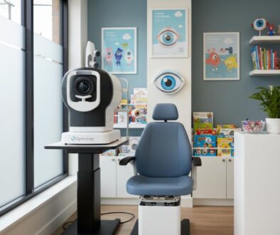 Modern Optomap retinal imaging device in professional eye care office showing advanced ultra-widefield retinal scanning technology without dilation